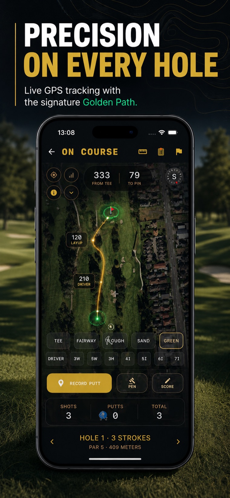On-course golf GPS with front centre back distances and scorecard